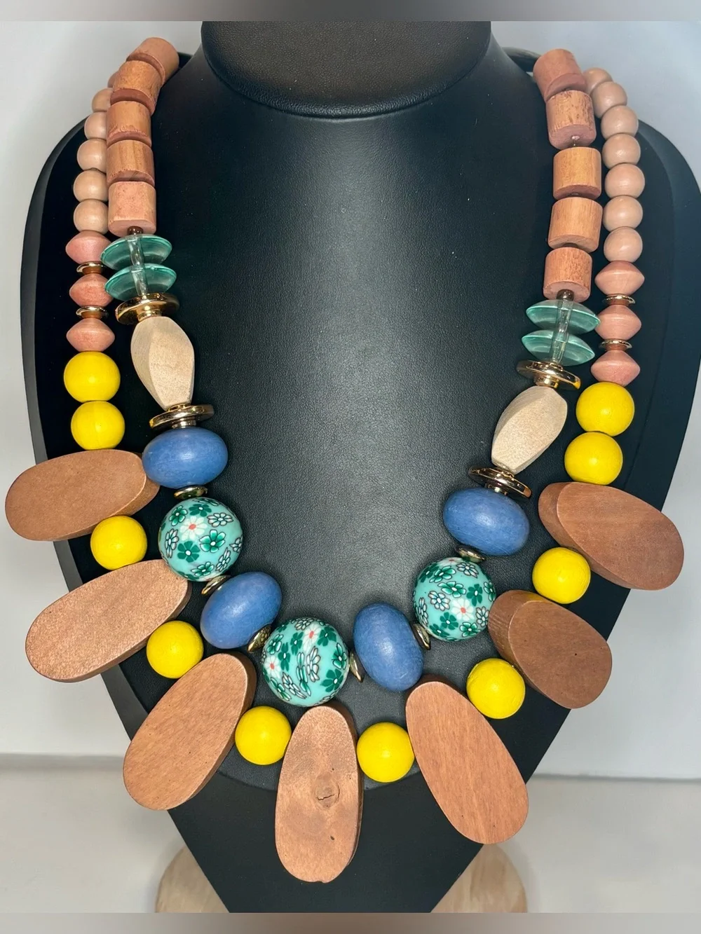 Boho Wood Bead Statement Necklace Floral Polymer Clay Adjustable 34”